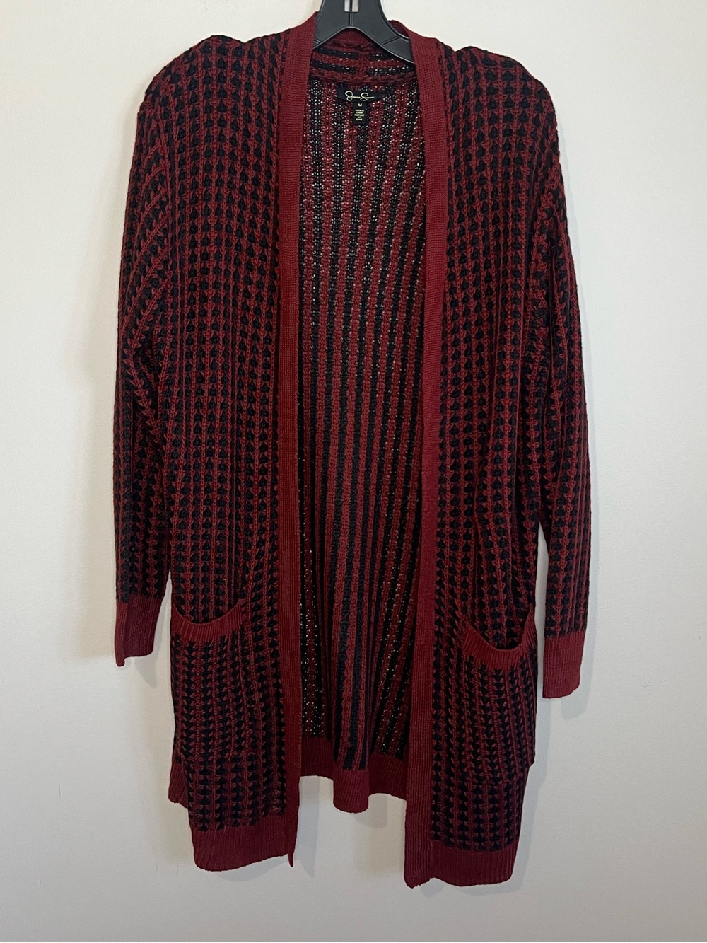 Jessica Simpson Burgundy and Black Houndstooth Open Cardigan